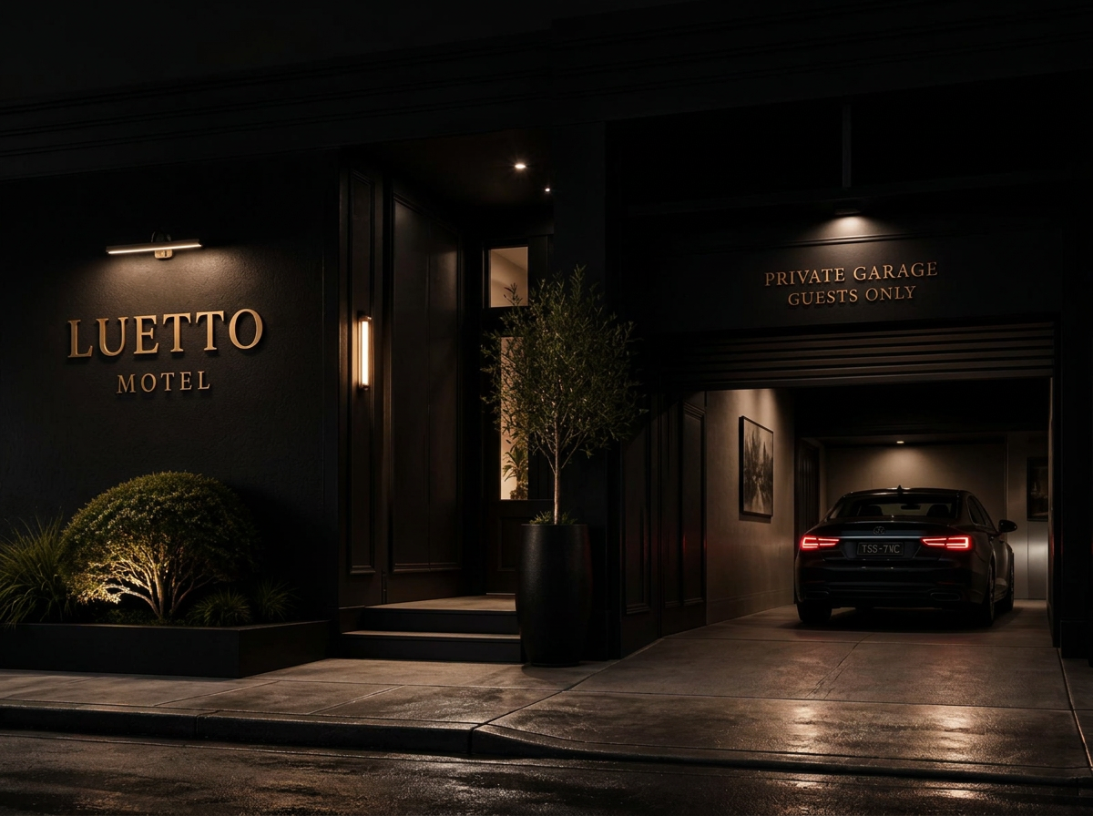 Entrada discreta do Motel Luetto à noite